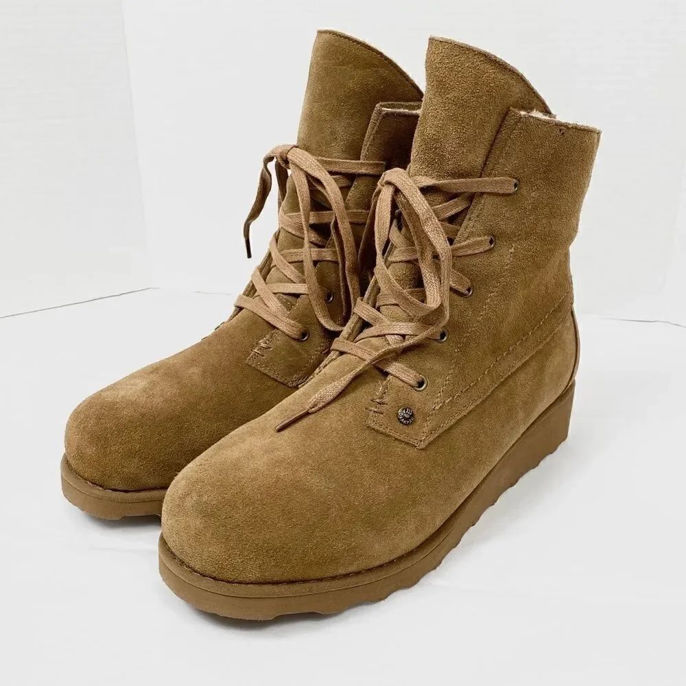 NWOB Bearpaw Krista Tan Suede Sheepskin Heeled Ankle Boots